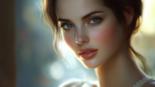 Soft morning portrait with luminous green-eyed gaze.