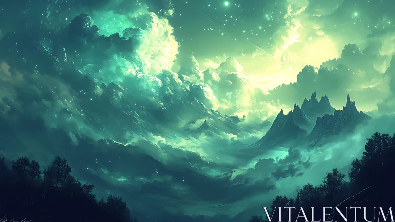 Emerald storm clouds crown distant jagged mountains at night.