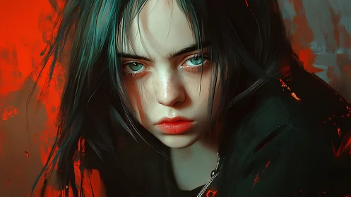 Intense close-up of young woman in red and dark tones.