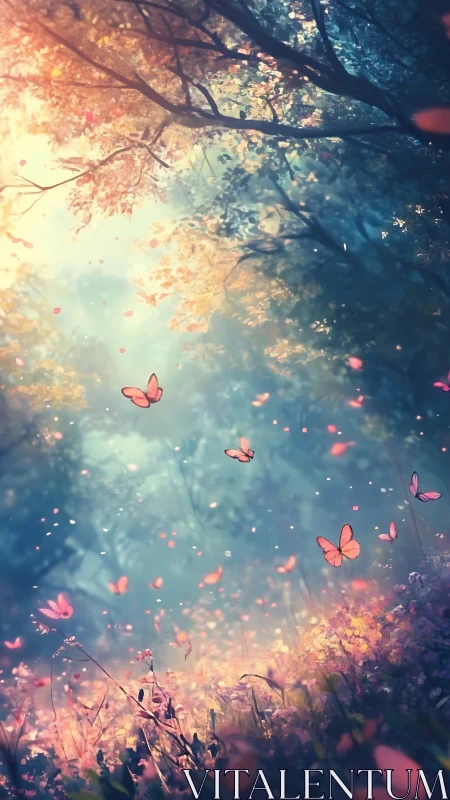 Soft sunrise light bathes a magical forest of pink butterflies