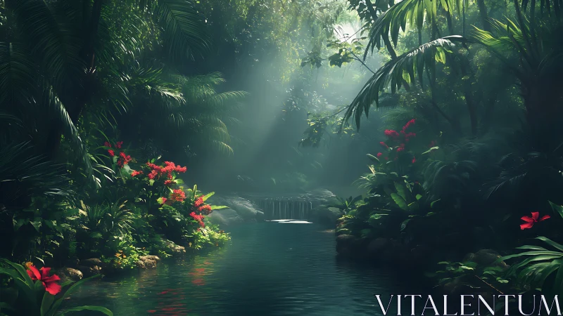 Dense tropical river clearing is illuminated by diffused light