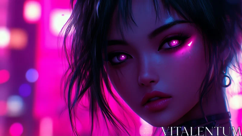 Neon-eyed cyber girl gazes through electric magenta night.
