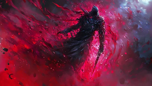 Silhouetted dark warrior dissolves into crimson energy storm