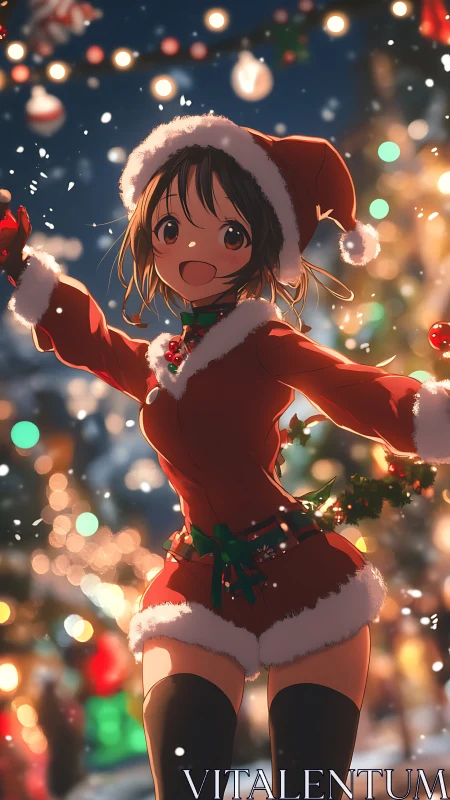 Smiling anime girl in Santa outfit at night festival.