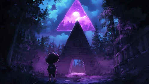 Moonlit portal pyramid under neon triangle skyspell.