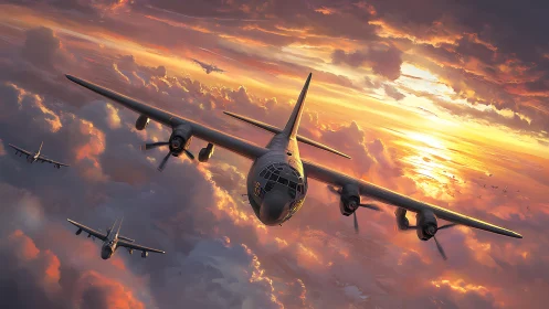 Military prop aircraft squadron cuts through radiant sunset cloudscape