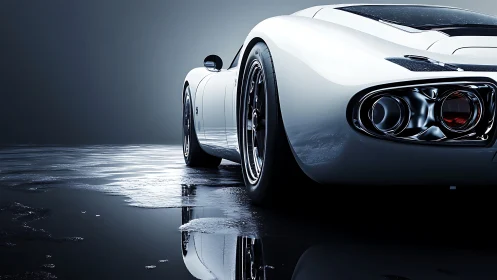 Midnight silver speedster idles over mirror-wet asphalt.