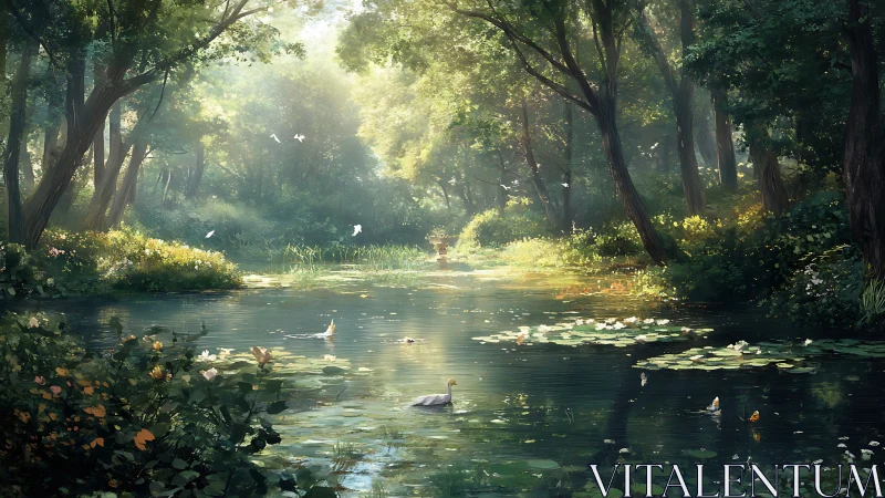 Sunlit forest pond where gentle water and wildlife rest.