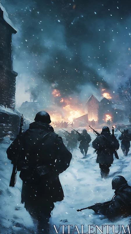 Winter march through firelit snow in a distant battlefield.