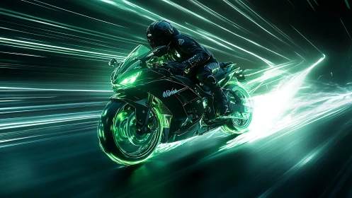 Futuristic sport motorcycle racing through neon green tunnel.