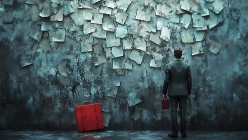 Businessman Confronts Crumbling Wall of Uncertainty.