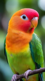 Colorful parrot perched on branch in soft green bokeh.