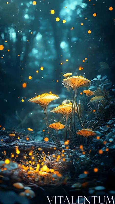 Bioluminescent mushrooms emit volumetric glow in misty forest