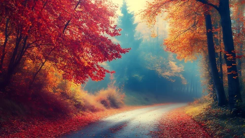 Autumnal Forest Pathway: Luminous Canopy Convergence.