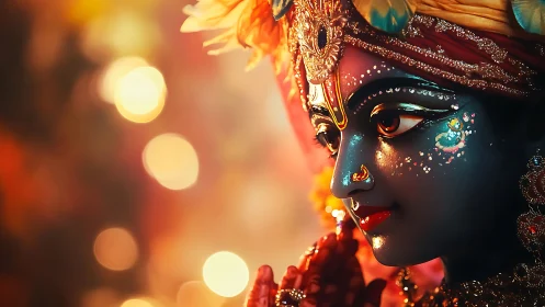 Blue-skinned devotional statue rendered with shallow depth of field bokeh