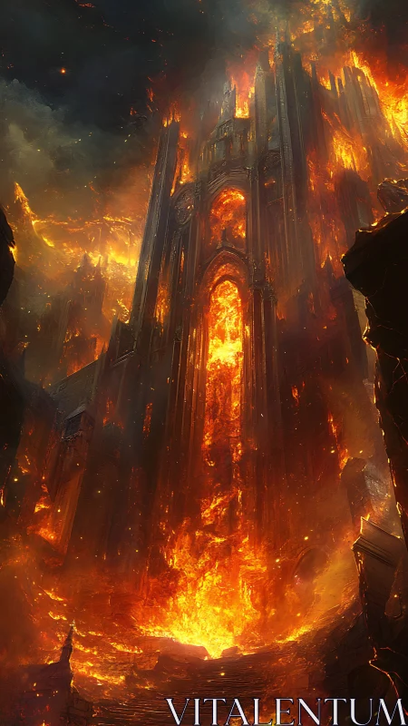 Gothic Cathedral Structure Engulfed in Intense Flames