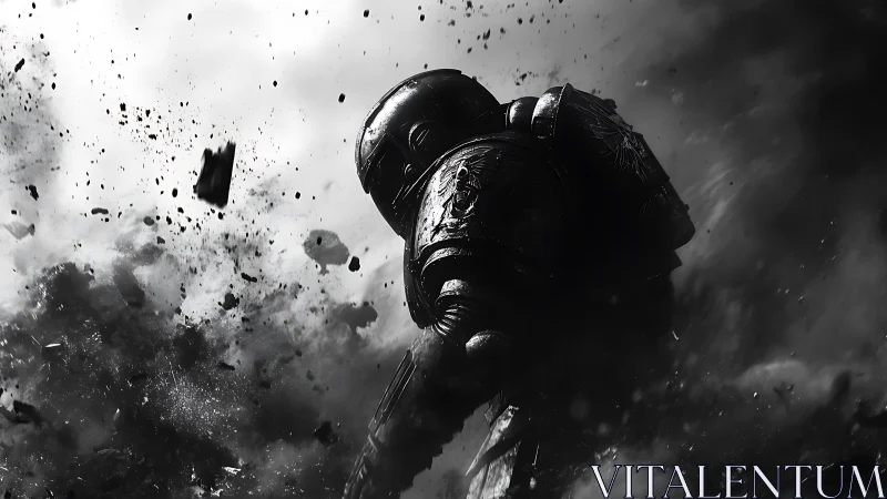 Armored warrior striding through swirling battle dust.