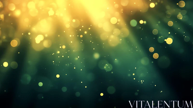 Abstract golden bokeh light rays with dreamy green background.