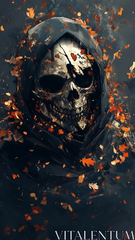 Autumn Reaper cloaked in swirling ember leaves of dusk.