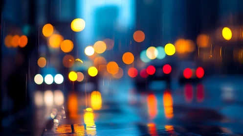 Defocused city street with car lights on wet surface at dusk.