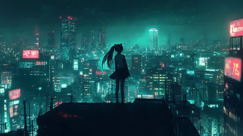 Neon-haired girl surveys teal-lit cyberpunk megacity skyline.