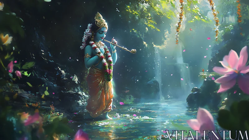 Divine blue figure with flute beside luminous forest stream.