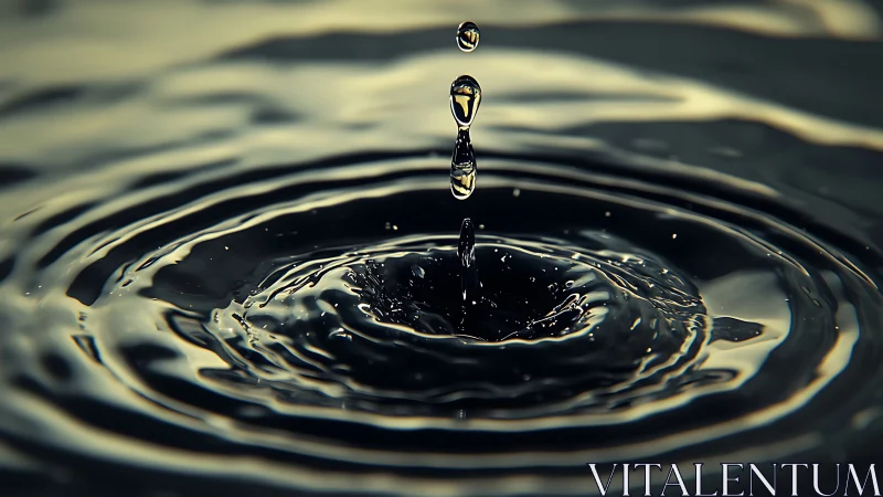 Single water droplet forms concentric ripples on dark surface