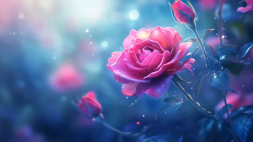 Magenta Rose with Bokeh Illumination in Twilight Blue Atmosphere