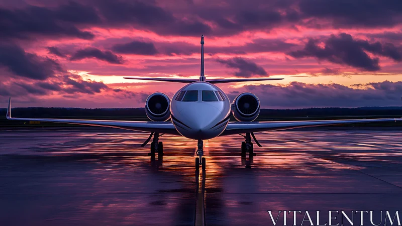 Private jet front view against vivid sunset sky at runway.
