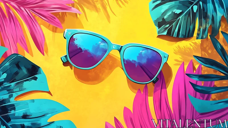 Neon teal sunglasses amid vivid tropical leaves on yellow.