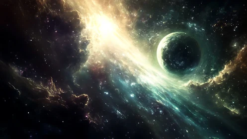 Galactic vortex engulfing a luminous emerald planet in void.