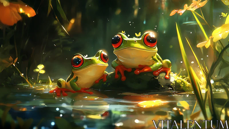Glow-eyed pond frogs hold court in a shimmerlit forest glade.