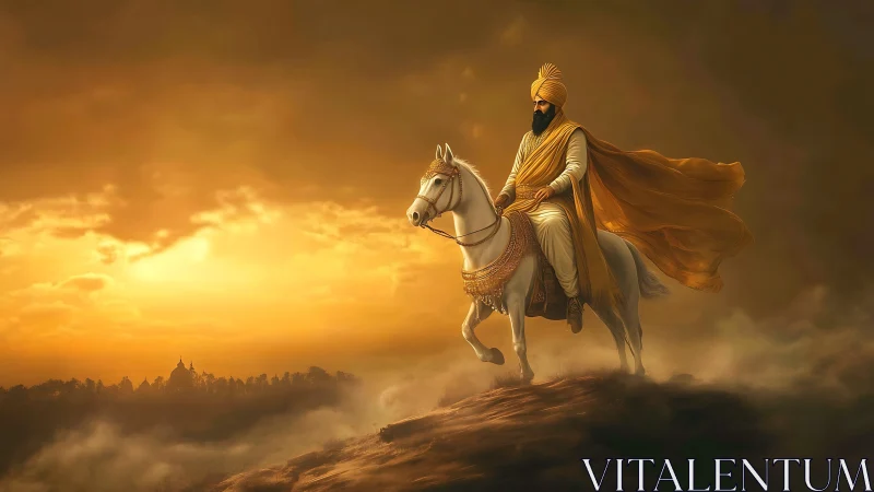 Rider on white horse advances across ridge at sunset