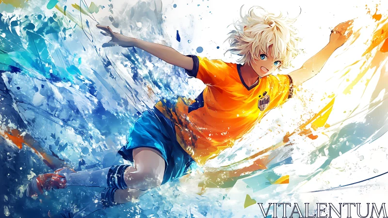 Dynamic anime soccer splash with high-energy motion framing.