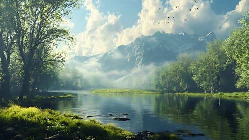 Sunlit alpine lake with volumetric fog and high-detail foliage