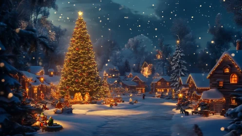 Snowy village glows around towering illuminated Christmas tree