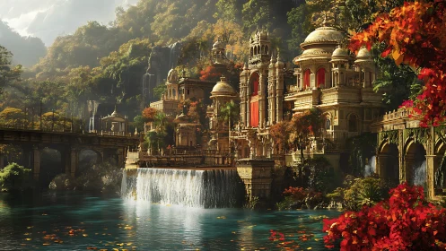 Riverside palace with waterfalls in dense autumn forest.