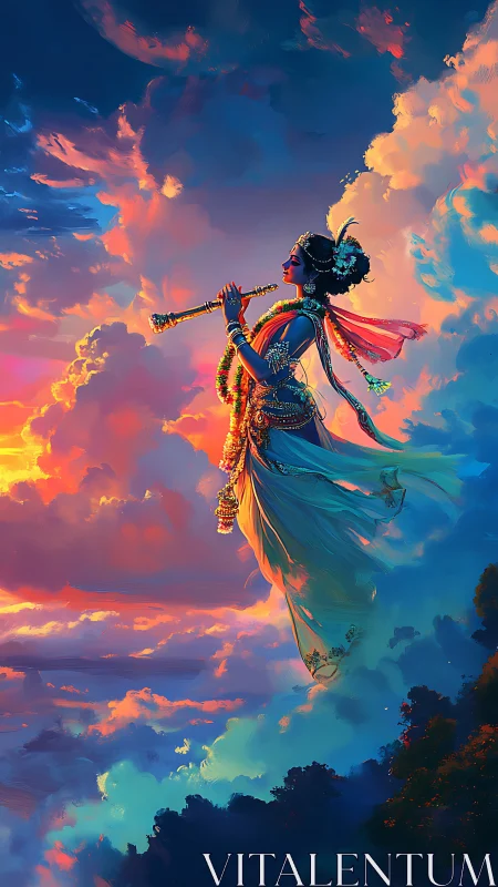 Figure playing flute is rendered midair against dense clouds