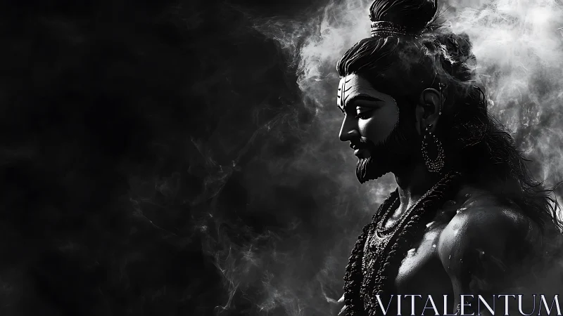 Monochrome profile deity render in dramatic smoke chiaroscuro.