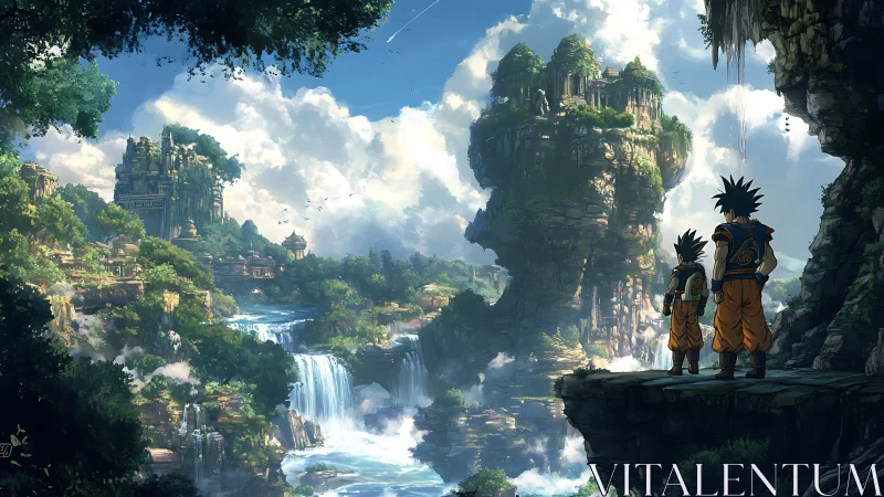 Two warriors overlook vast floating waterfalls and ruins.