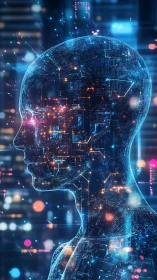 Futuristic digital human profile with glowing neural circuits.