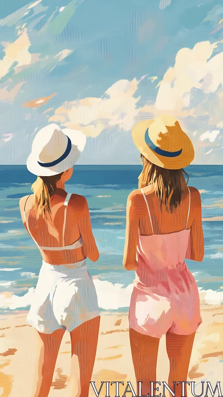 Sunhat confidants soaking in a pastel seaside afternoon.