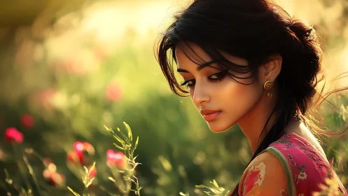 Sunlit portrait of contemplative woman amid blurred wildflowers
