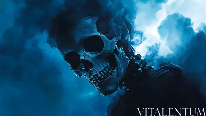 Ghostly blue skull materializes from swirling spectral smoke.