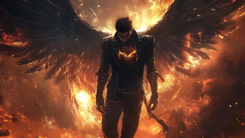 Dark winged figure walking through fiery inferno. Period.