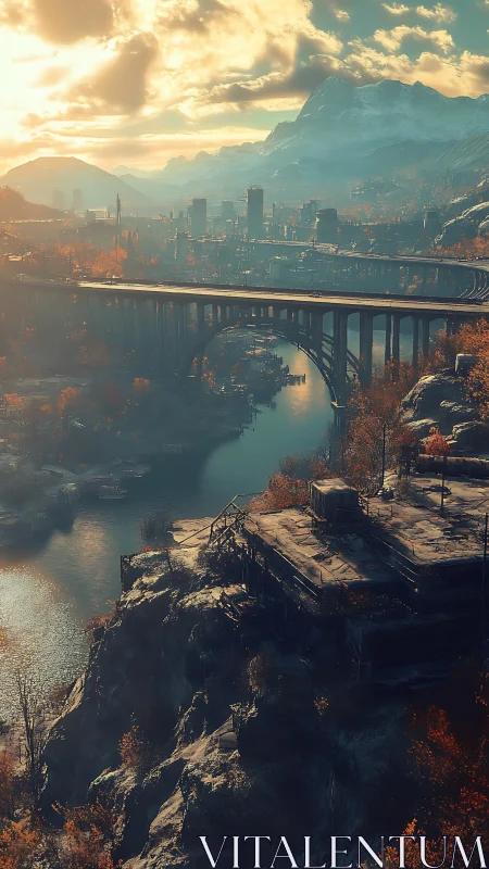 Sunlit bridge over autumn gorge and distant misted cityscape.