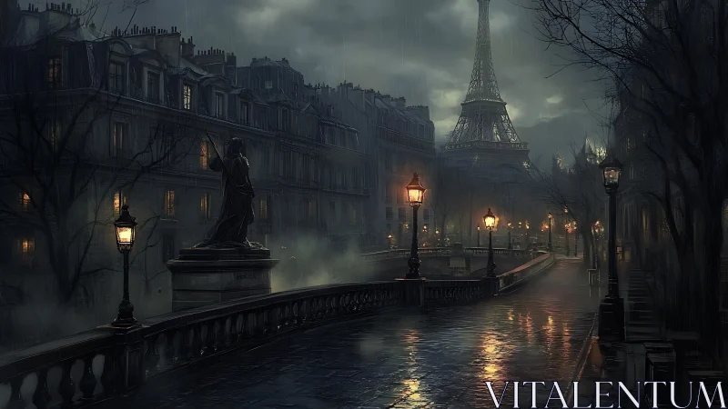 Midnight rain haunts a misty Paris promenade of echoes.