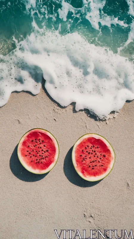 Overhead beach still life contrasts surf foam with red watermelon
