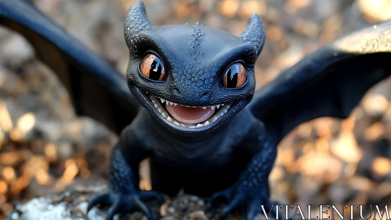 Cute black baby dragon with wide eyes and open wings.