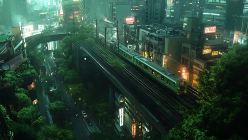 Rainy city train gliding through neon lights and soft greenery.